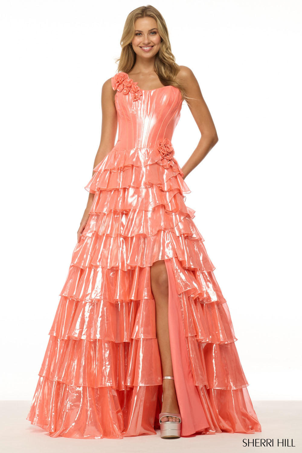 Sherri Hill 57125 prom dress images. Sherri Hill 57125 is available in these colors: Orange Pink, Blue.
