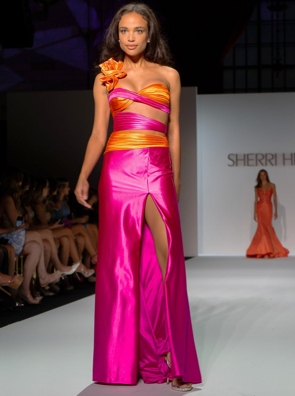 Sherri Hill 57152 prom dress images. Sherri Hill 57152 is available in these colors: Fuchsia Orange, Black Fuchsia, Black Ivory, Fuchsia Red, Peacock Emerald.