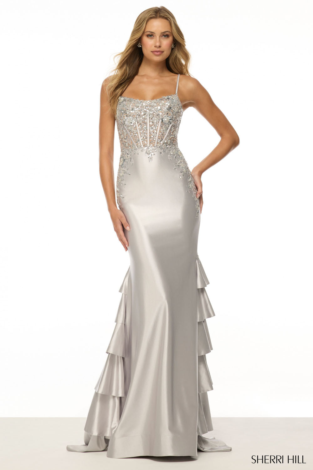 Sherri Hill 57189 prom dress images. Sherri Hill 57189 is available in these colors: Sage, Rose, Antique Blue, Emerald, Navy, Royal, Red, Black, Silver.