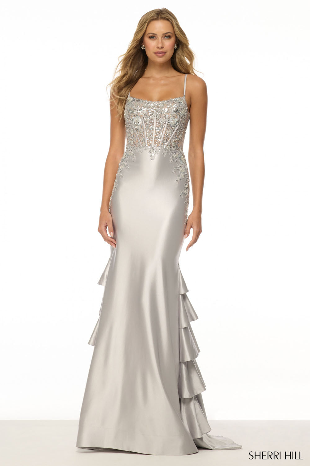 Sherri Hill 57189 prom dress images. Sherri Hill 57189 is available in these colors: Sage, Rose, Antique Blue, Emerald, Navy, Royal, Red, Black, Silver.