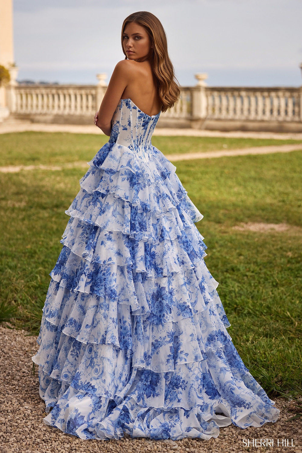 Sherri Hill 57250 prom dress images. Sherri Hill 57250 is available in these colors: Ivory Blue Print.