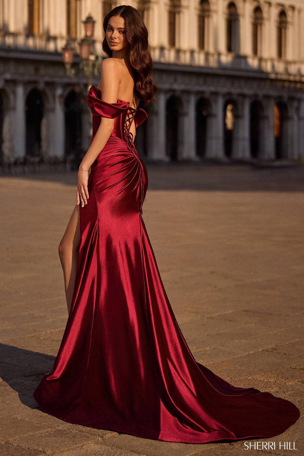 Sherri Hill 57253 prom dress images. Sherri Hill 57253 is available in these colors: Black, Mocha, Gold, Silver, Peacock, Fuchsia, Moss, Rose Gold, Ivory, Dark Emerald, Royal, Red, Teal, Burgundy, Navy, Yellow, Orange, Light Blue, Candy Pink.