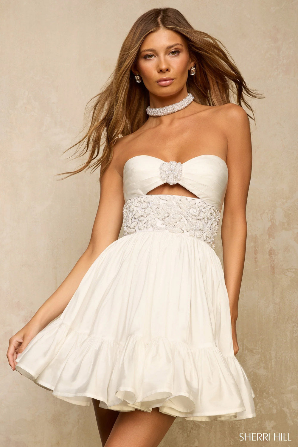 Sherri Hill 57382 prom dress images. Sherri Hill 57382 is available in these colors: Black Ivory Silver, Ivory Silver.
