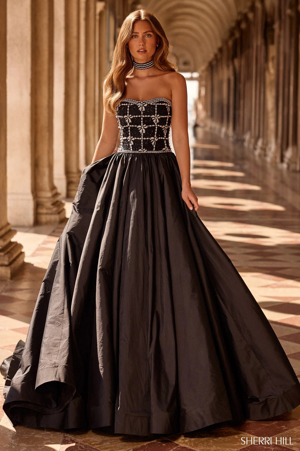 Sherri Hill 57496 prom dress images. Sherri Hill 57496 is available in these colors: Black Ivory Silver, Candy Pink Ivory Silver, Navy, Aqua Ivory Silver.