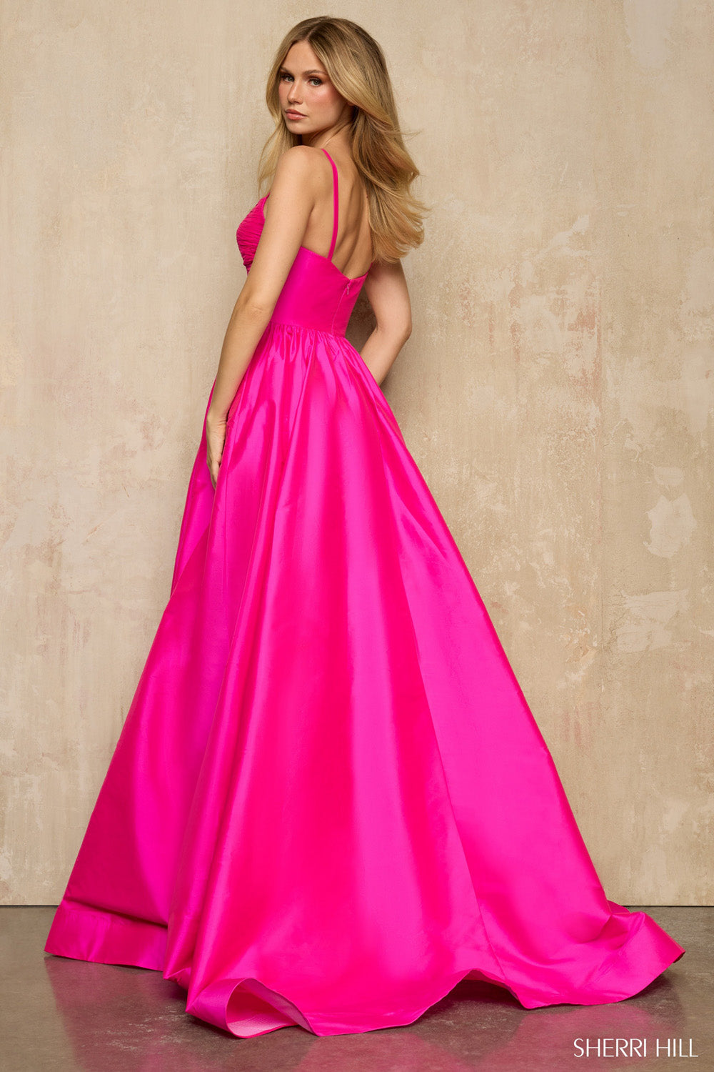 Sherri Hill 57505 prom dress images. Sherri Hill 57505 is available in these colors: Black, Chartreuse, Light Orange, Light Blue, Peacock, Lilac, Bright Royal, Bright Fuchsia, Red, Yellow.