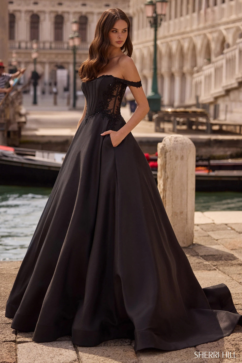 Sherri Hill 57517 prom dress images. Sherri Hill 57517 is available in these colors: Red, Ivory, Lilac, Light Blue, Navy, Black, Yellow.