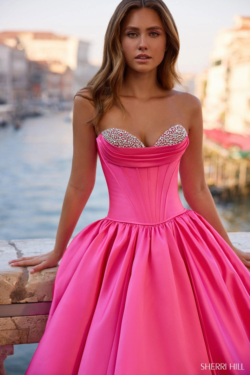 Sherri Hill 57551 prom dress images. Sherri Hill 57551 is available in these colors: Pink, Yellow, Light Blue, Navy, Ivory, Black, Red, Bright Pink.