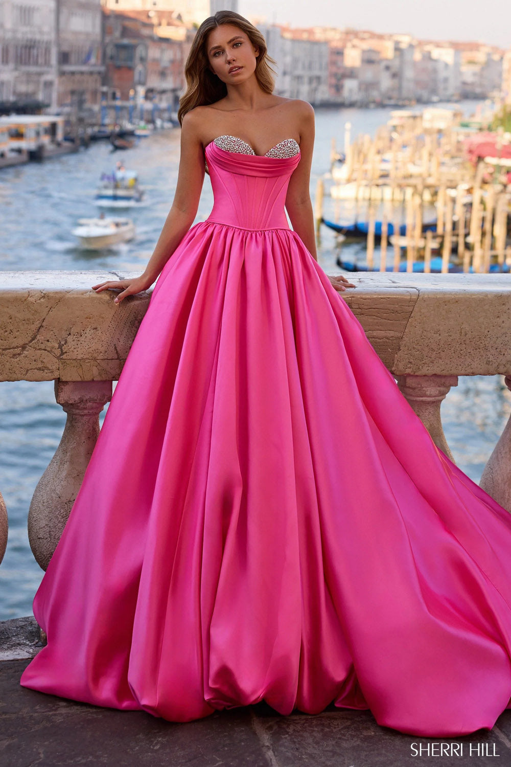 Sherri Hill 57551 prom dress images. Sherri Hill 57551 is available in these colors: Pink, Yellow, Light Blue, Navy, Ivory, Black, Red, Bright Pink.