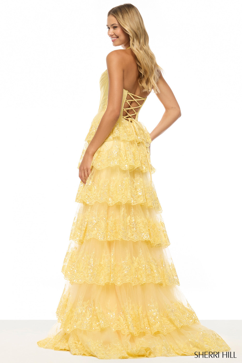 Sherri Hill 57566 prom dress images. Sherri Hill 57566 is available in these colors: Gold, Ivory, Yellow, Black, Blush, Light Blue, Blue