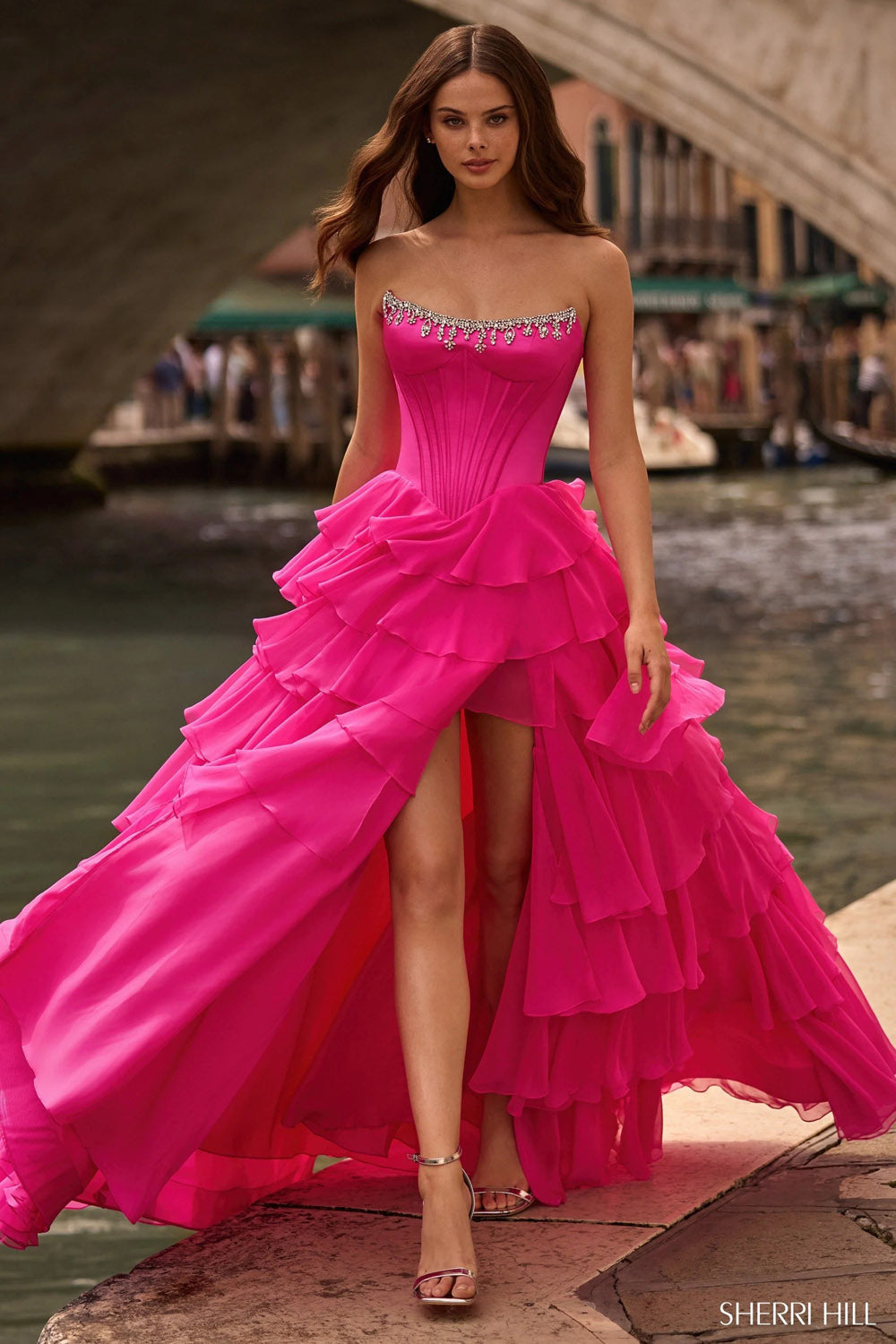 Sherri Hill 57581 prom dress images. Sherri Hill 57581 is available in these colors: Navy, Ocean Blue, Candy Pink, Yellow, Periwinkle, Light Blue, Royal, Red, Black, Ivory, Aqua, Bright Fuchsia, Blush, Emerald.