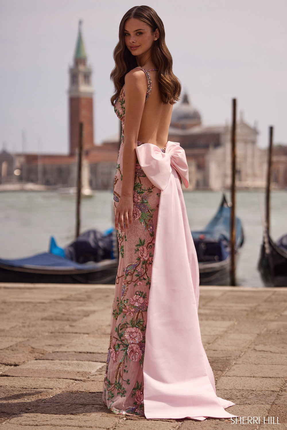 Sherri Hill 57601 prom dress images. Sherri Hill 57601 is available in these colors: Light Pink Print, Lilac Print, Ivory Print, Light Yellow Print.