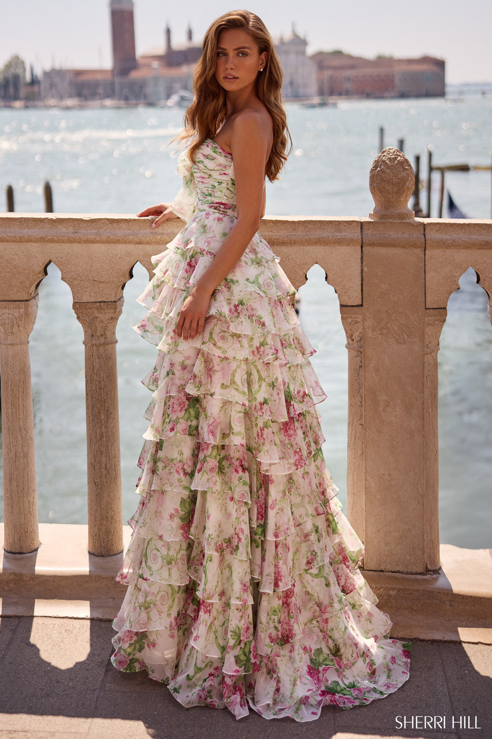 Sherri Hill 57614 prom dress images. Sherri Hill 57614 is available in these colors: Ivory Green Pink Print.