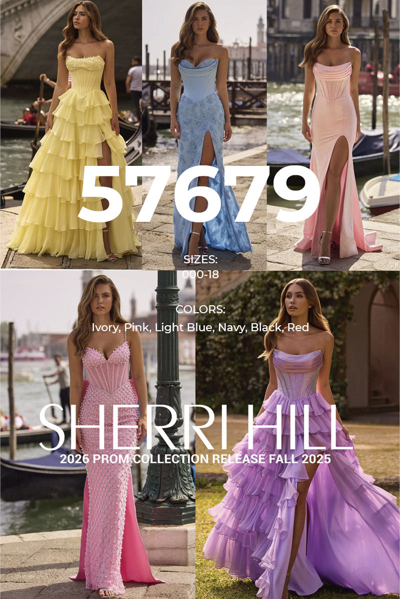 Sherri Hill 57679 prom dress images. Sherri Hill 57679 is available in these colors: Ivory, Pink, Light Blue, Navy, Black, Red.