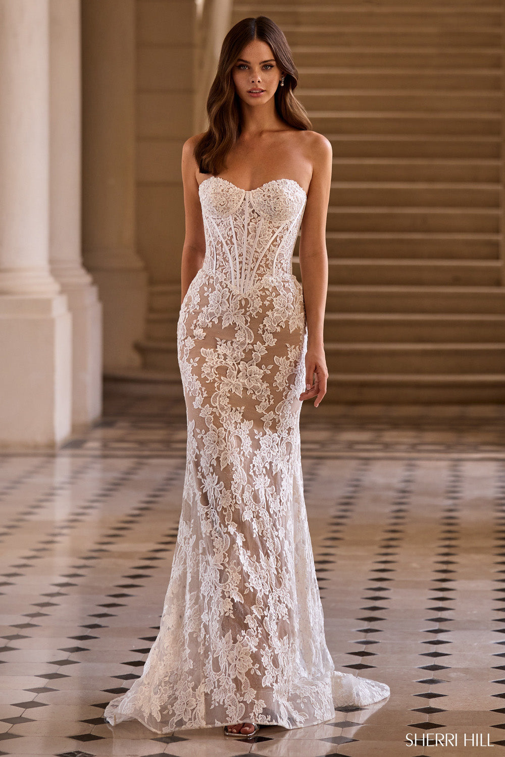 Sherri Hill 57685 prom dress images. Sherri Hill 57685 is available in these colors: Red Nude, Navy Nude, Black Nude, Ivory Blue, Ivory Nude.