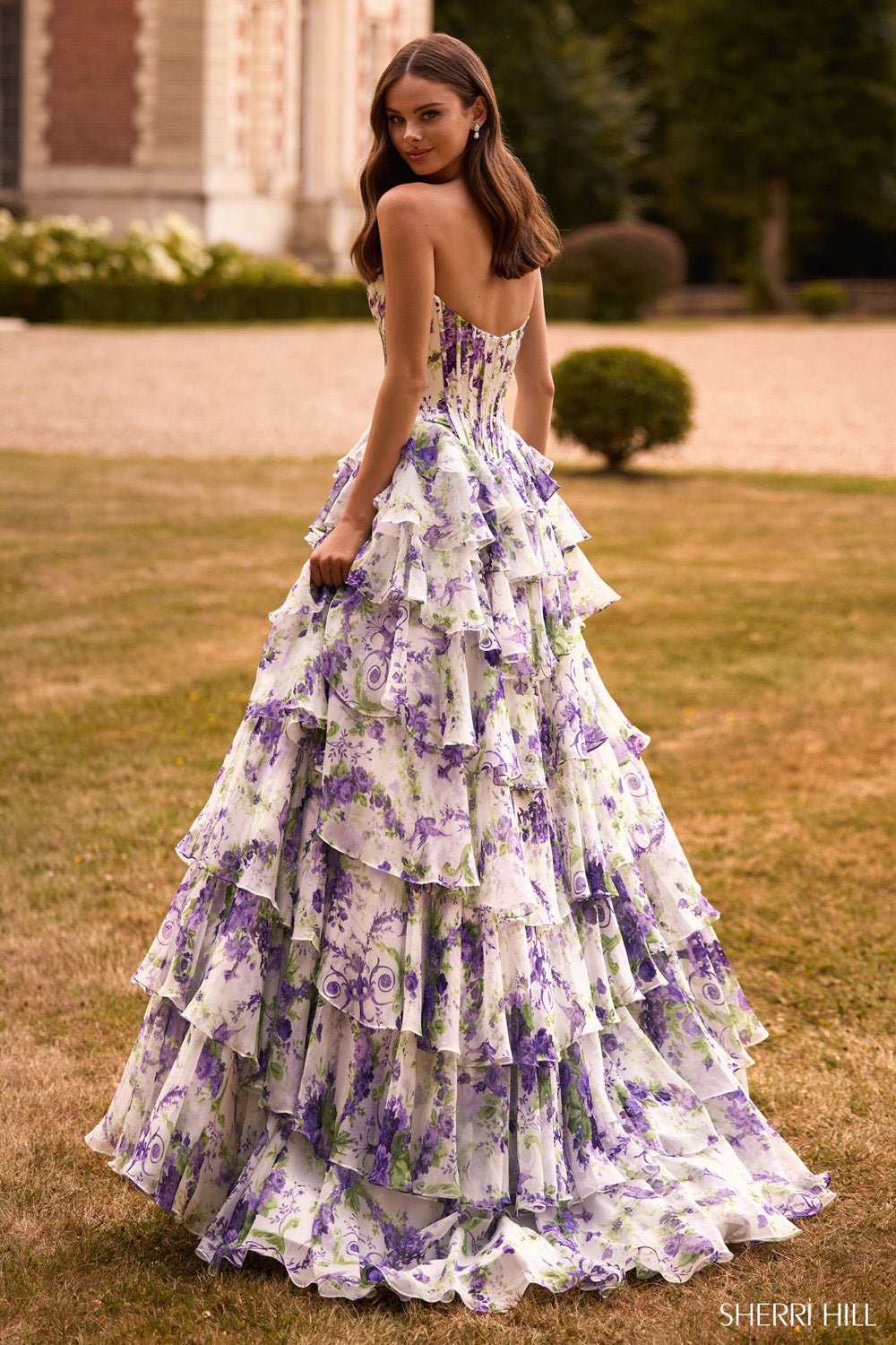 Sherri Hill 57692 prom dress images. Sherri Hill 57692 is available in these colors: Ivory Purple Green Print.