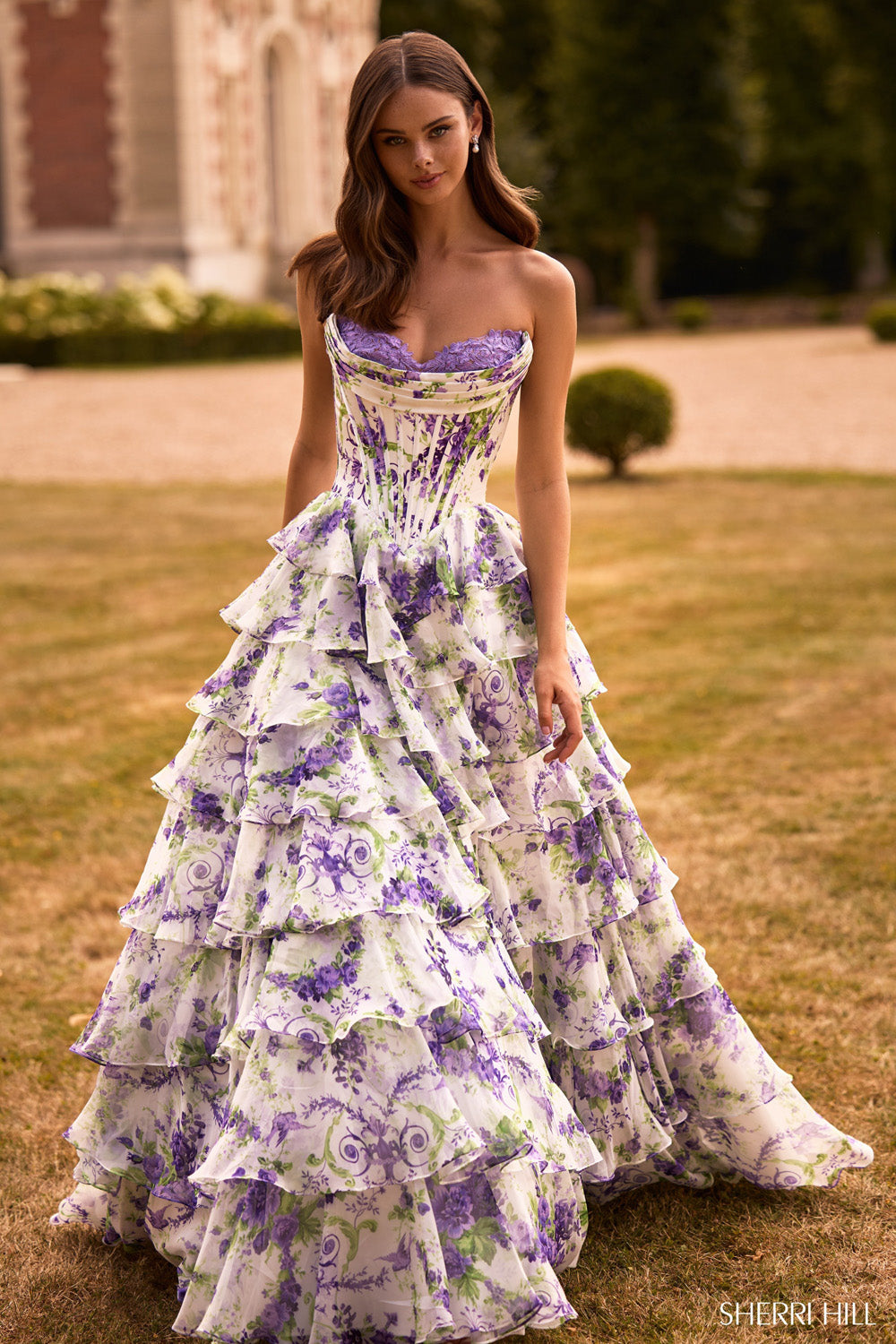 Sherri Hill 57692 prom dress images. Sherri Hill 57692 is available in these colors: Ivory Purple Green Print.