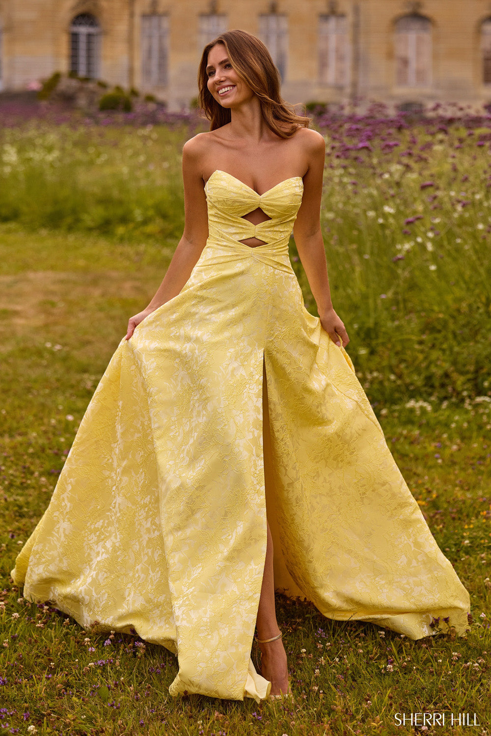 Sherri Hill 57710 prom dress images. Sherri Hill 57710 is available in these colors: Pink, Light Yellow, Light Periwinkle.
