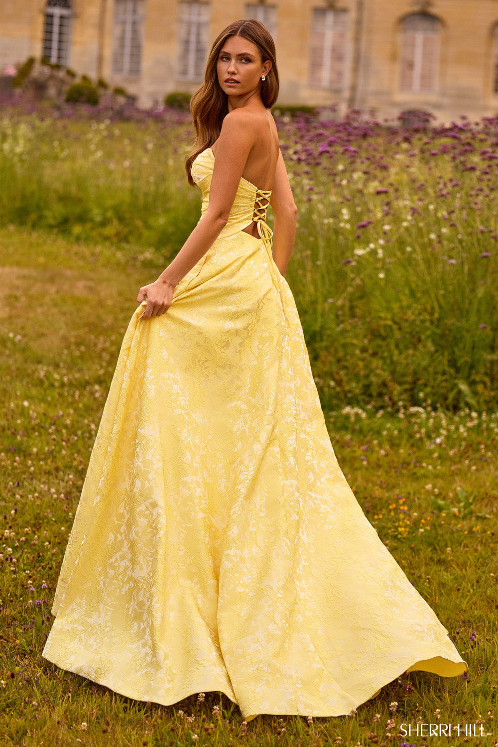 Sherri Hill 57710 prom dress images. Sherri Hill 57710 is available in these colors: Pink, Light Yellow, Light Periwinkle.