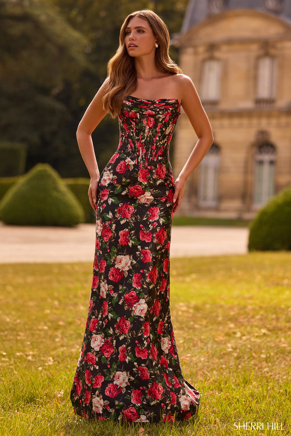 Sherri Hill 57719 prom dress images. Sherri Hill 57719 is available in these colors: Black Print, Ivory Print, Pink Print .