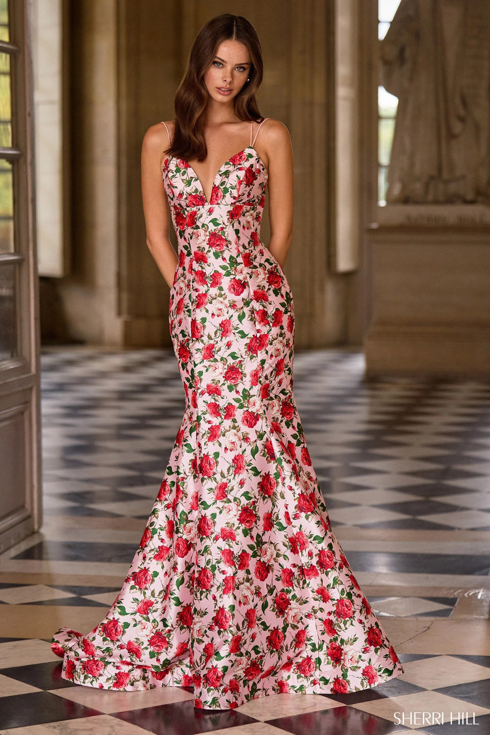 Sherri Hill 57720 prom dress images.  Sherri Hill 57720 is available in these colors: Pink Print, Black Print, Ivory Print.