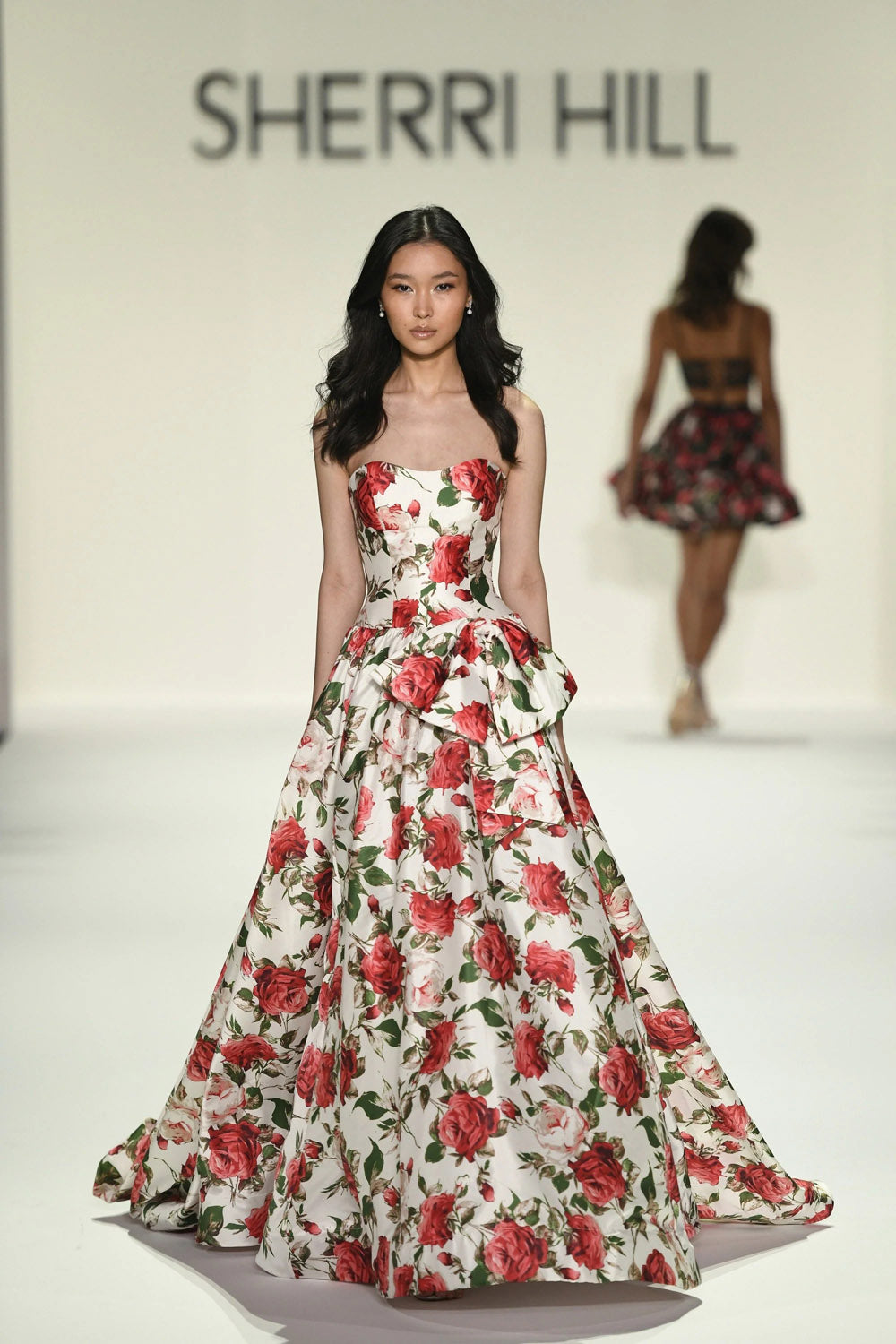 Sherri Hill 57724 prom dress images.  Sherri Hill 57724 is available in these colors: Ivory Print, Black Print, Pink Print.