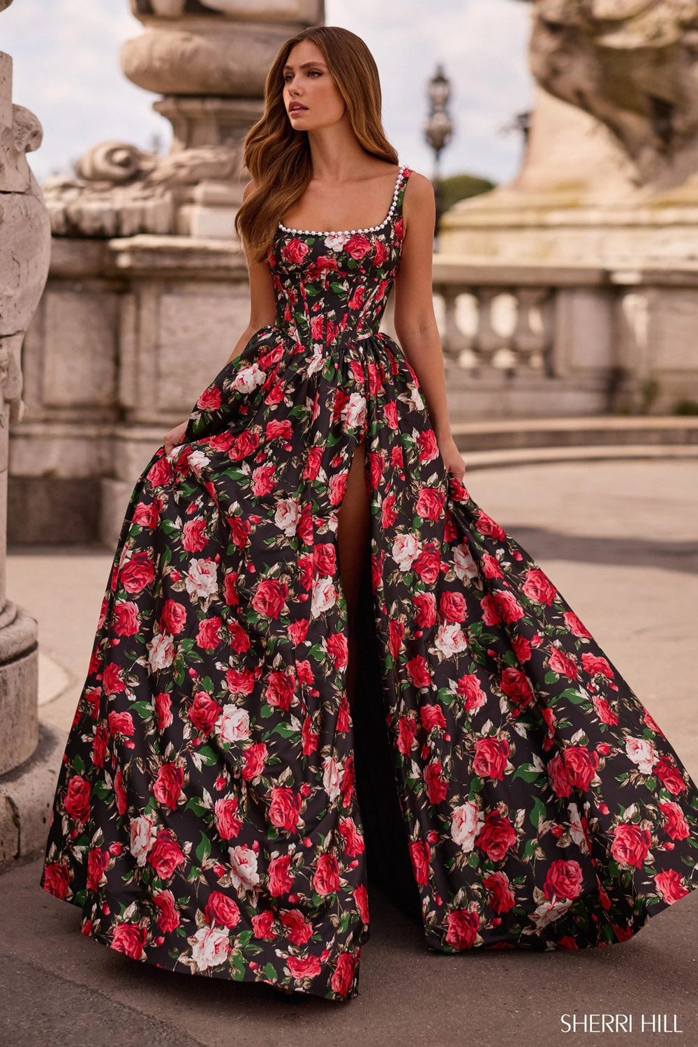 Sherri Hill 57725 prom dress images.  Sherri Hill 57725 is available in these colors: Pink Print, Ivory Print, Black Print .