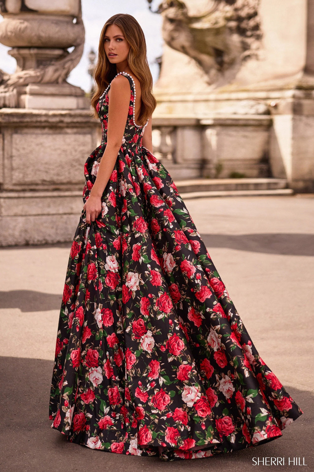 Sherri Hill 57725 prom dress images.  Sherri Hill 57725 is available in these colors: Pink Print, Ivory Print, Black Print .