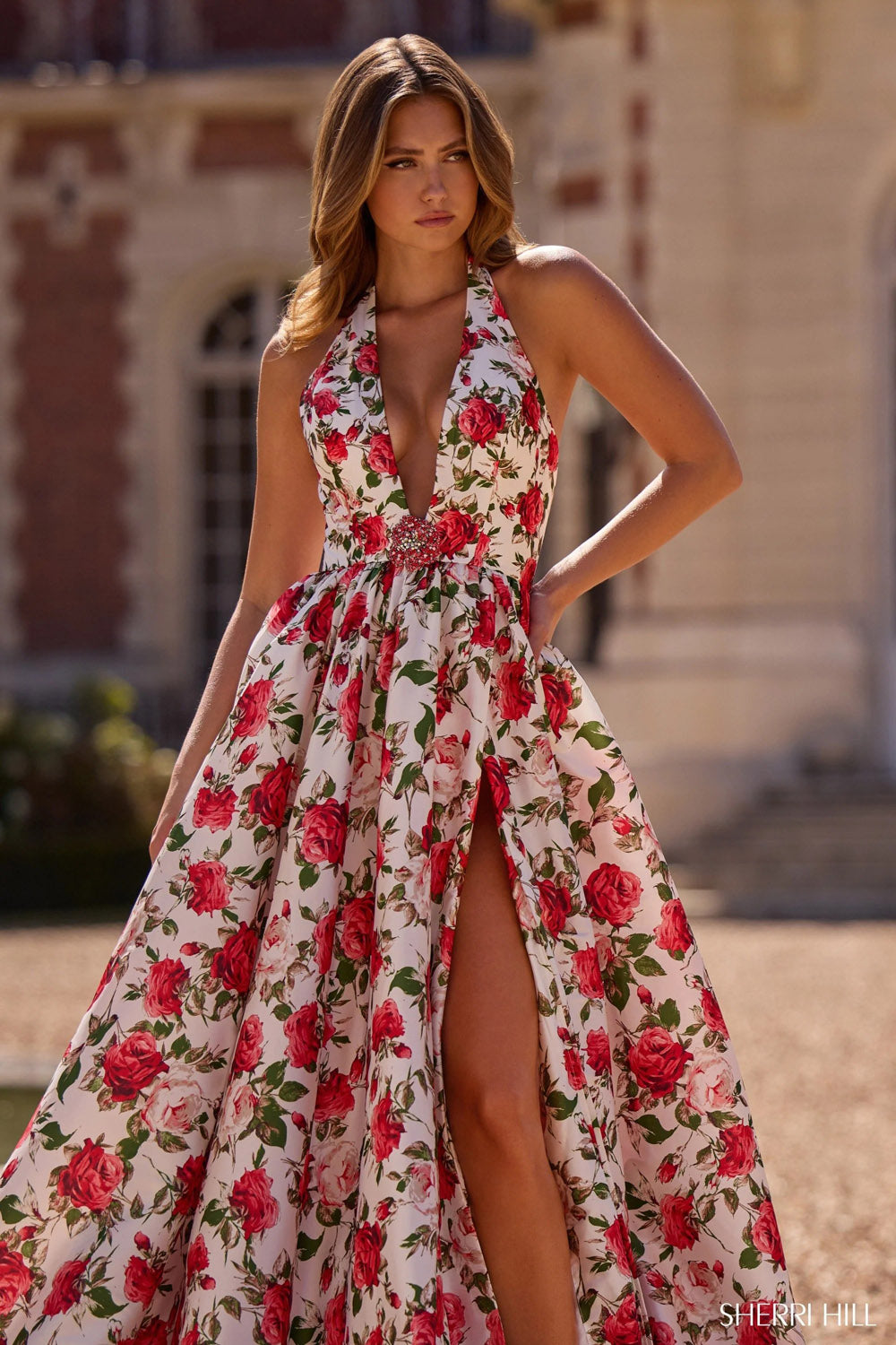 Sherri Hill 57726 prom dress images.  Sherri Hill 57726 is available in these colors: Ivory Print, Pink Print,  Black Print .