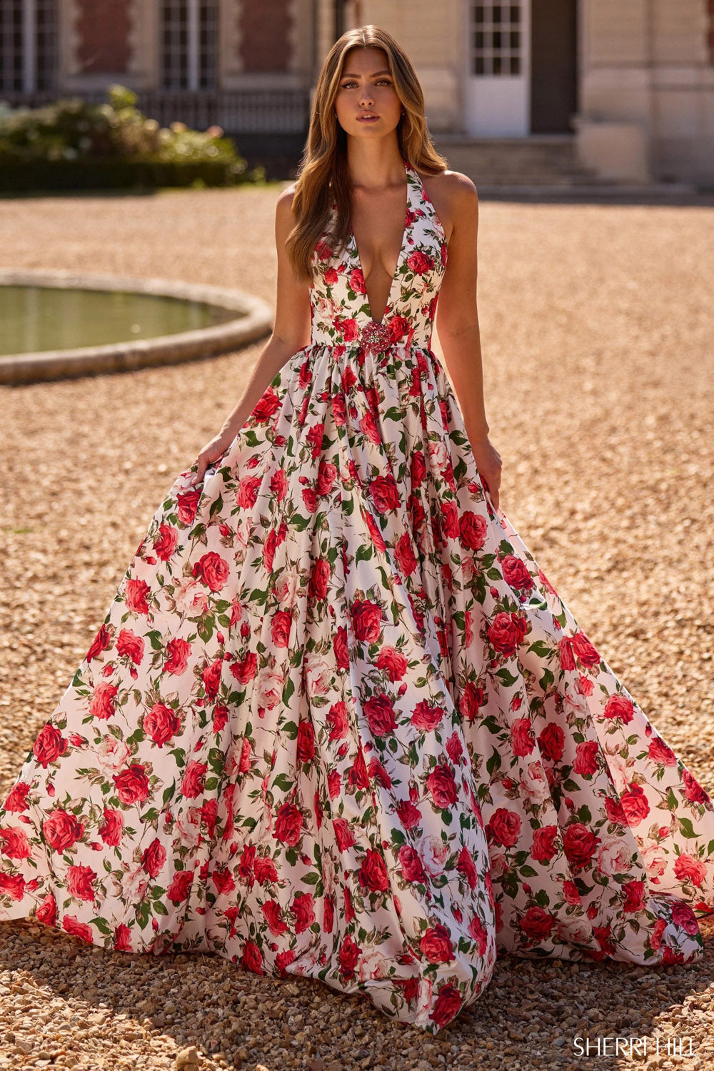 Sherri Hill 57726 prom dress images.  Sherri Hill 57726 is available in these colors: Ivory Print, Pink Print,  Black Print .