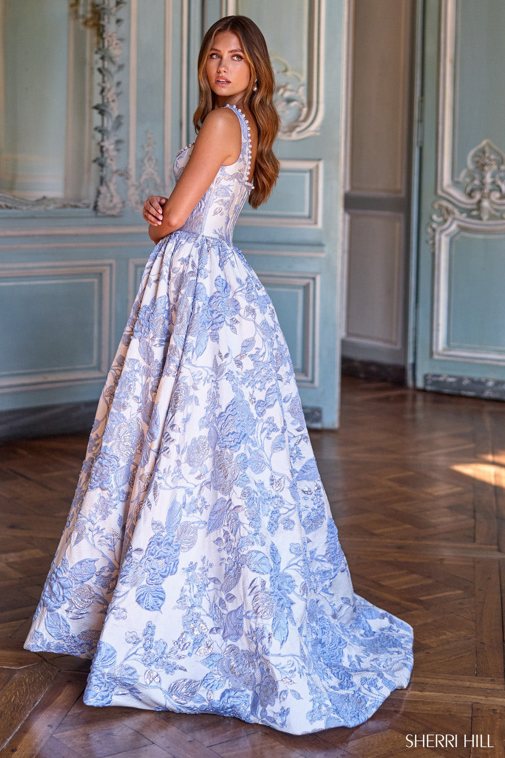 Sherri Hill 57731 prom dress images. Sherri Hill 57731 is available in these colors: Ivory Ivory, Ivory Light Blue, Ivory Lilac, Ivory Pink.