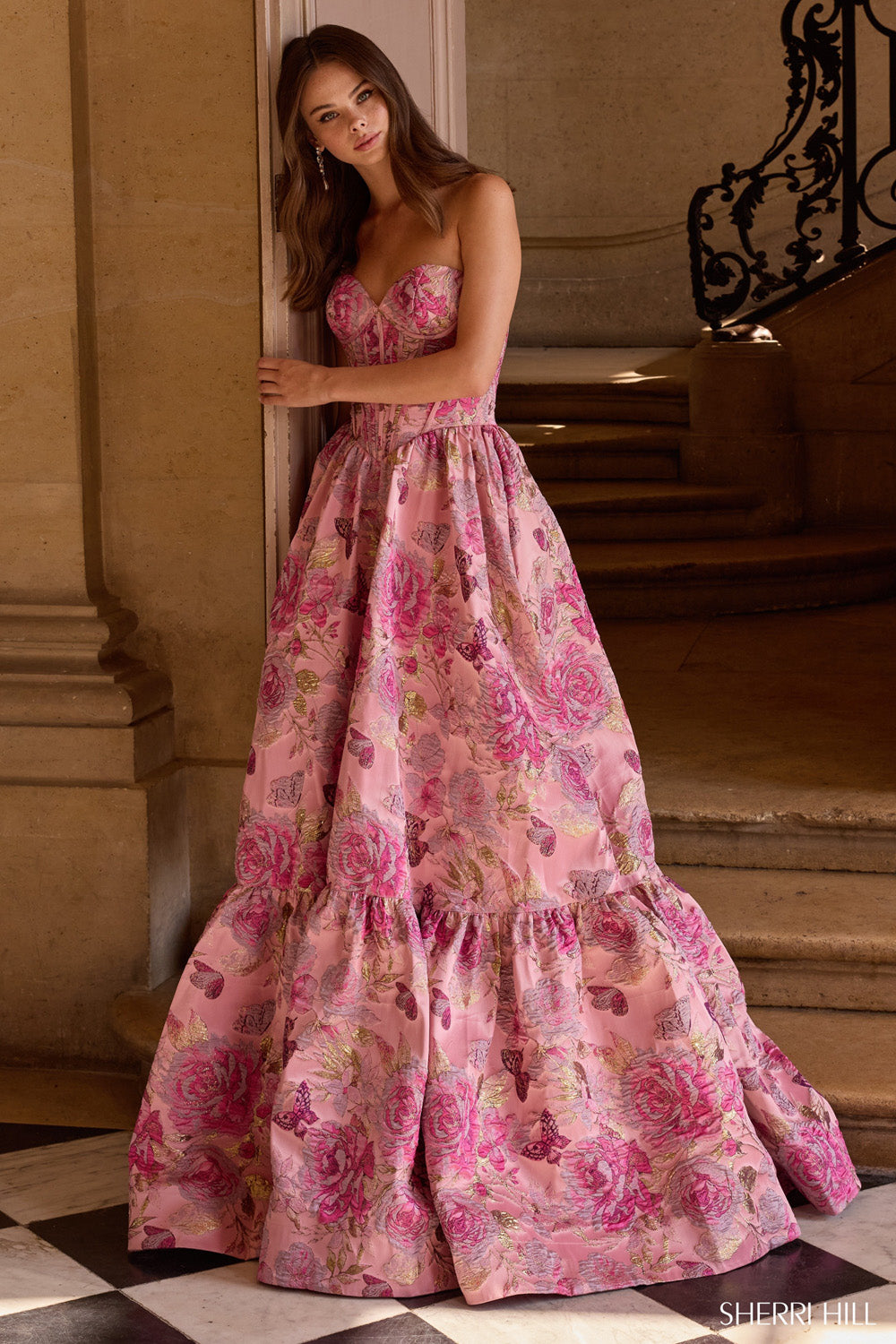 Sherri Hill 57754 prom dress images. Sherri Hill 57754 is available in these colors: Grey Taupe, Ivory, Pink Red, Black, Light Blue,Nude Multi, Navy.