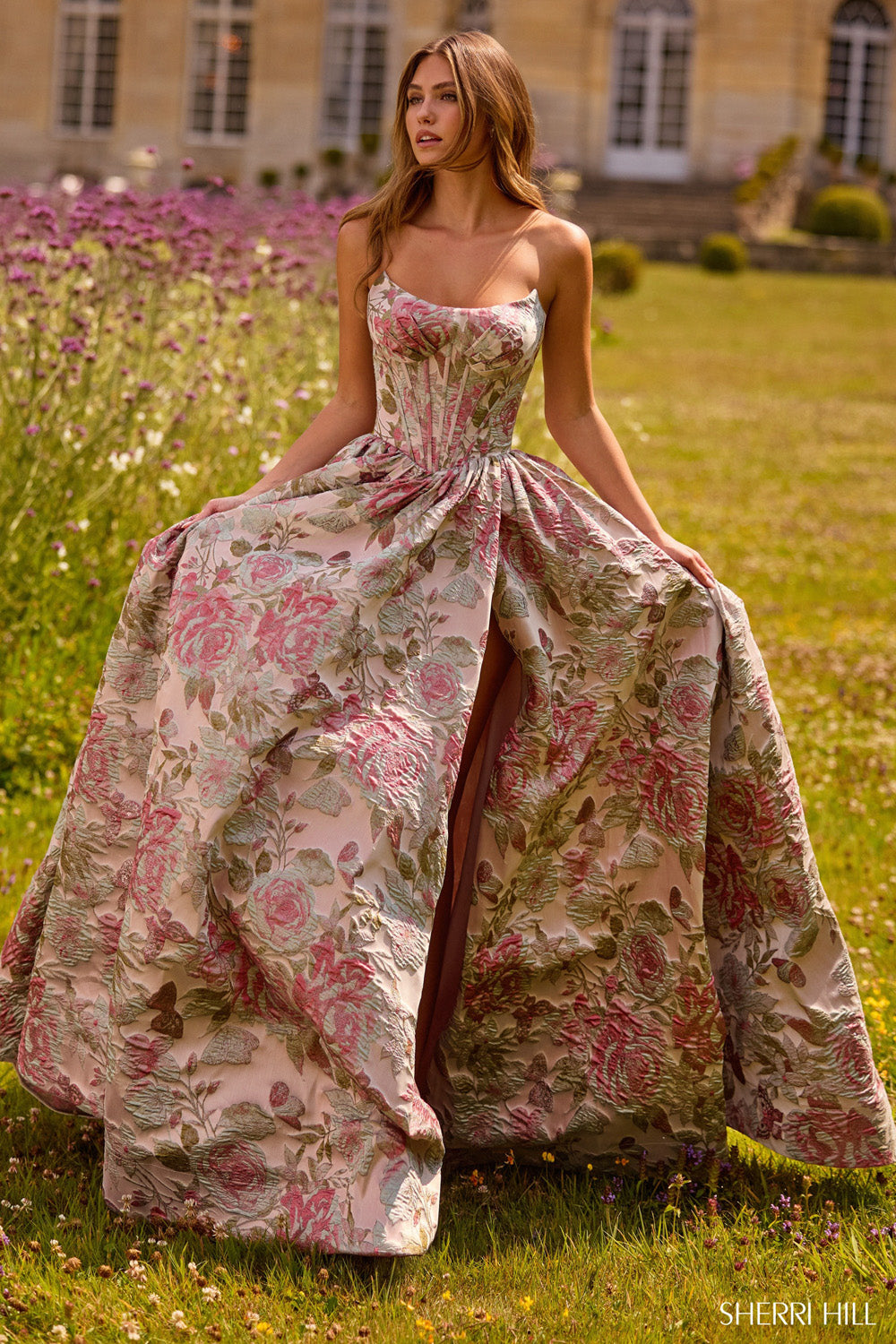 Sherri Hill 57757 prom dress images. Sherri Hill 57757 is available in these colors: Nude Multi, Grey Taupe, Light Blue, Pink Red, Black, Ivory Green Coral Print, Navy Gunmetal Print, Ivory Pink Print.