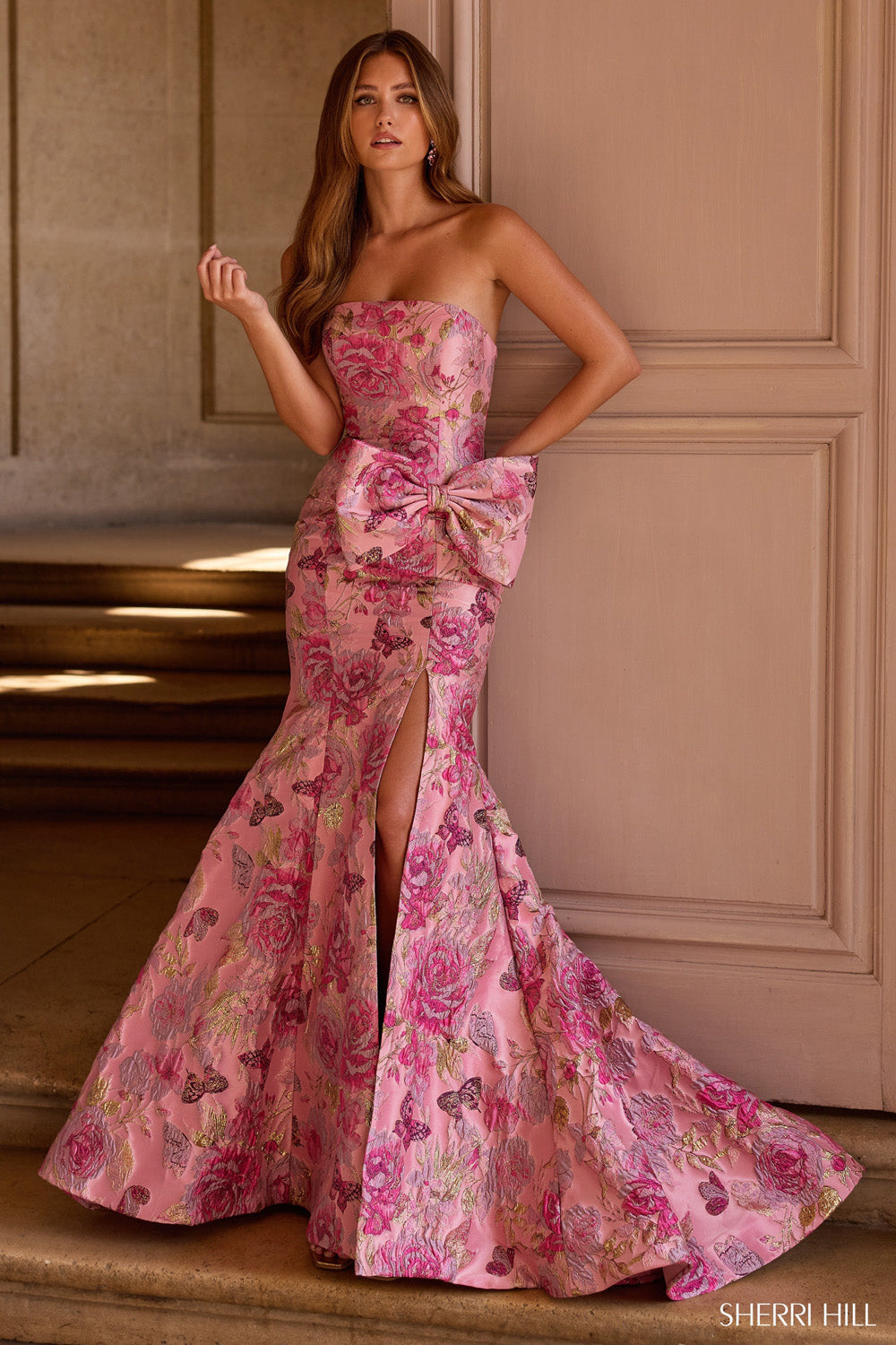 Sherri Hill 57762 prom dress images. Sherri Hill 57762 is available in these colors: Rose Gold Print, Ivory Print, Blue Print, Lilac Pink Blue Print.