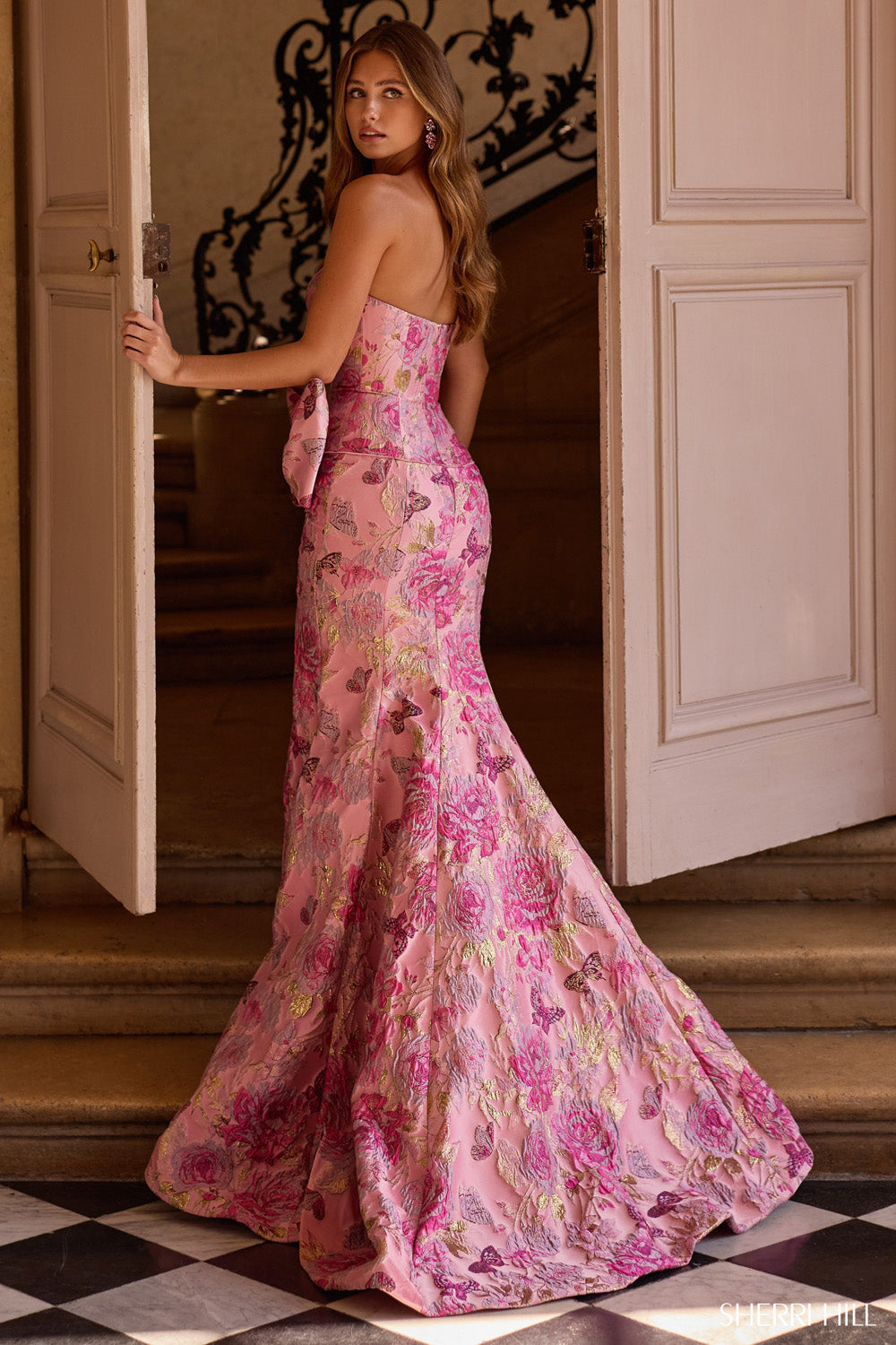 Sherri Hill 57762 prom dress images. Sherri Hill 57762 is available in these colors: Rose Gold Print, Ivory Print, Blue Print, Lilac Pink Blue Print.