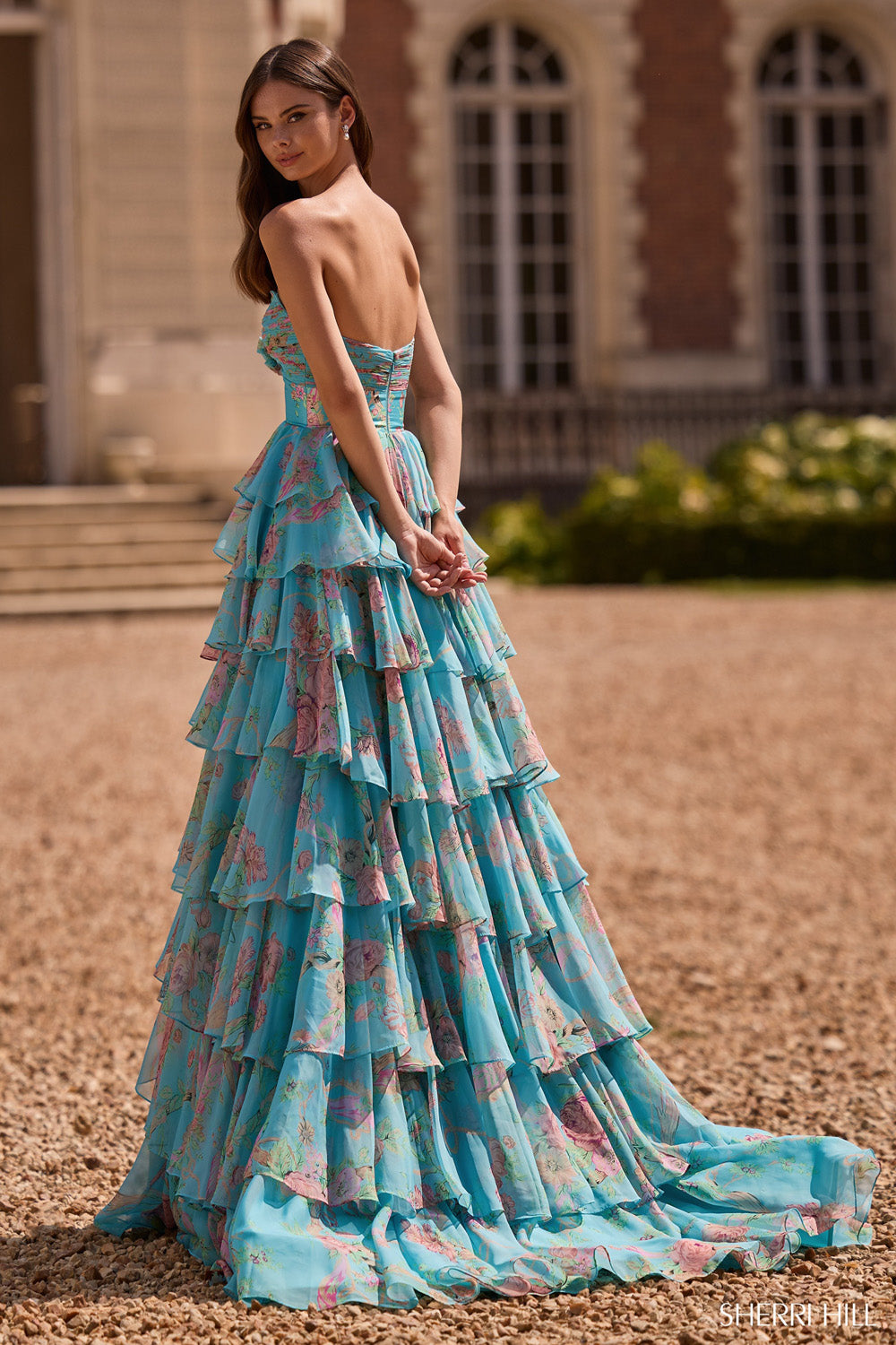 Sherri Hill 57775 prom dress images. Sherri Hill 57775 is available in these colors: Light Pink Print, Light Yellow Print, Aqua Print, Periwinkle Print, Ivory Print .