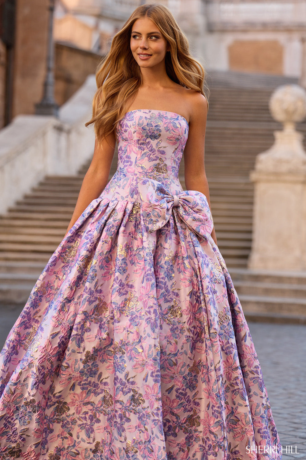 Sherri Hill 57781 prom dress images. Sherri Hill 57781 is available in these colors: Dark Ivory Print, Black Print, Green Coral Print, Rose Gold Print, Light Blue Print, Lilac Print .