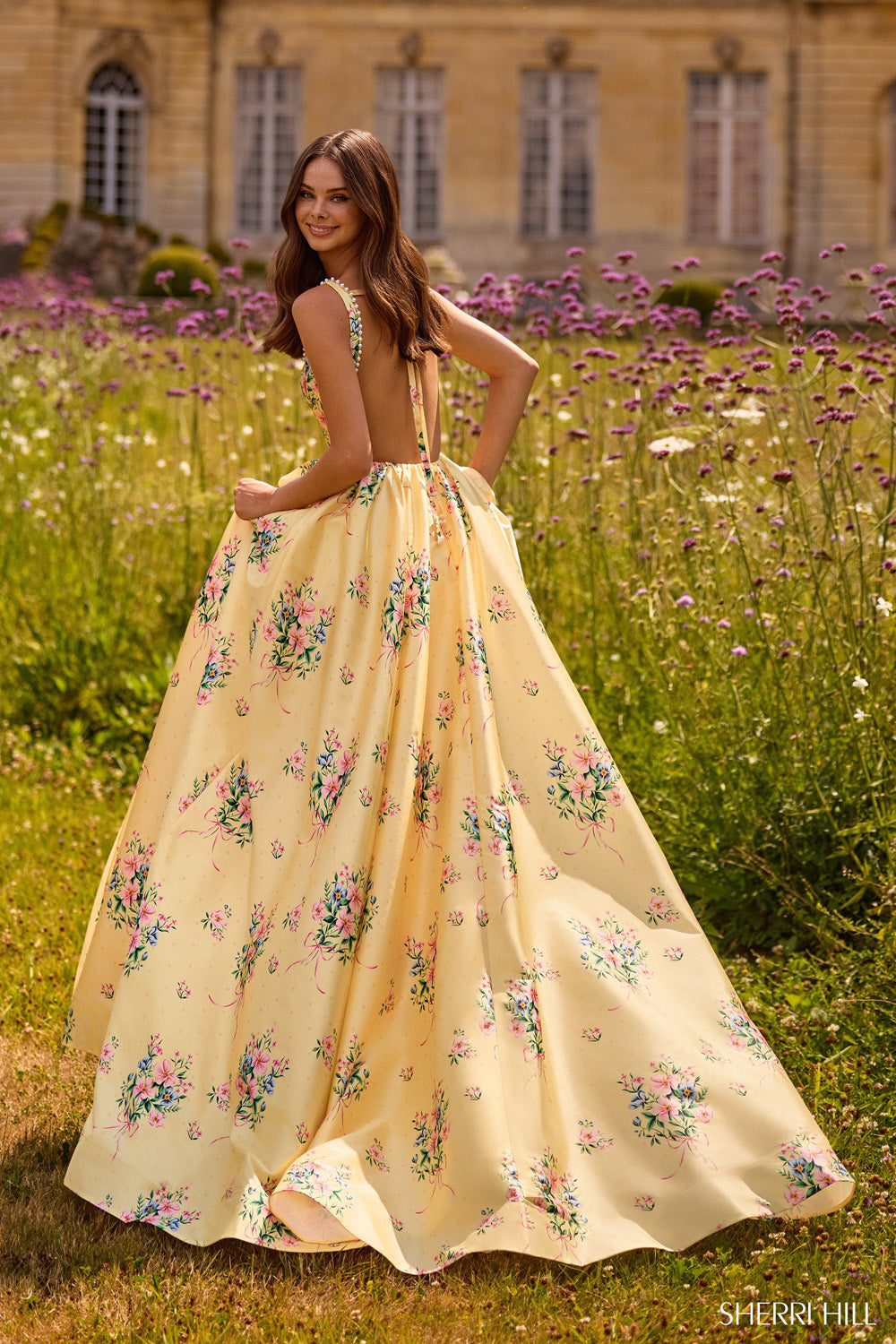 Sherri Hill 57783 prom dress images. Sherri Hill 57783 is available in these colors: Light Pink Print, Light Yellow Print, Light Blue Print.