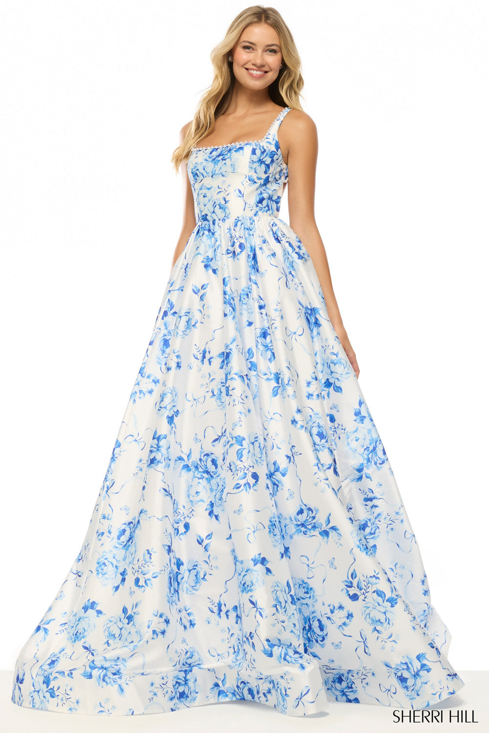 Sherri Hill 57789 prom dress images. Sherri Hill 57789 is available in these colors: Ivory Blue Print.