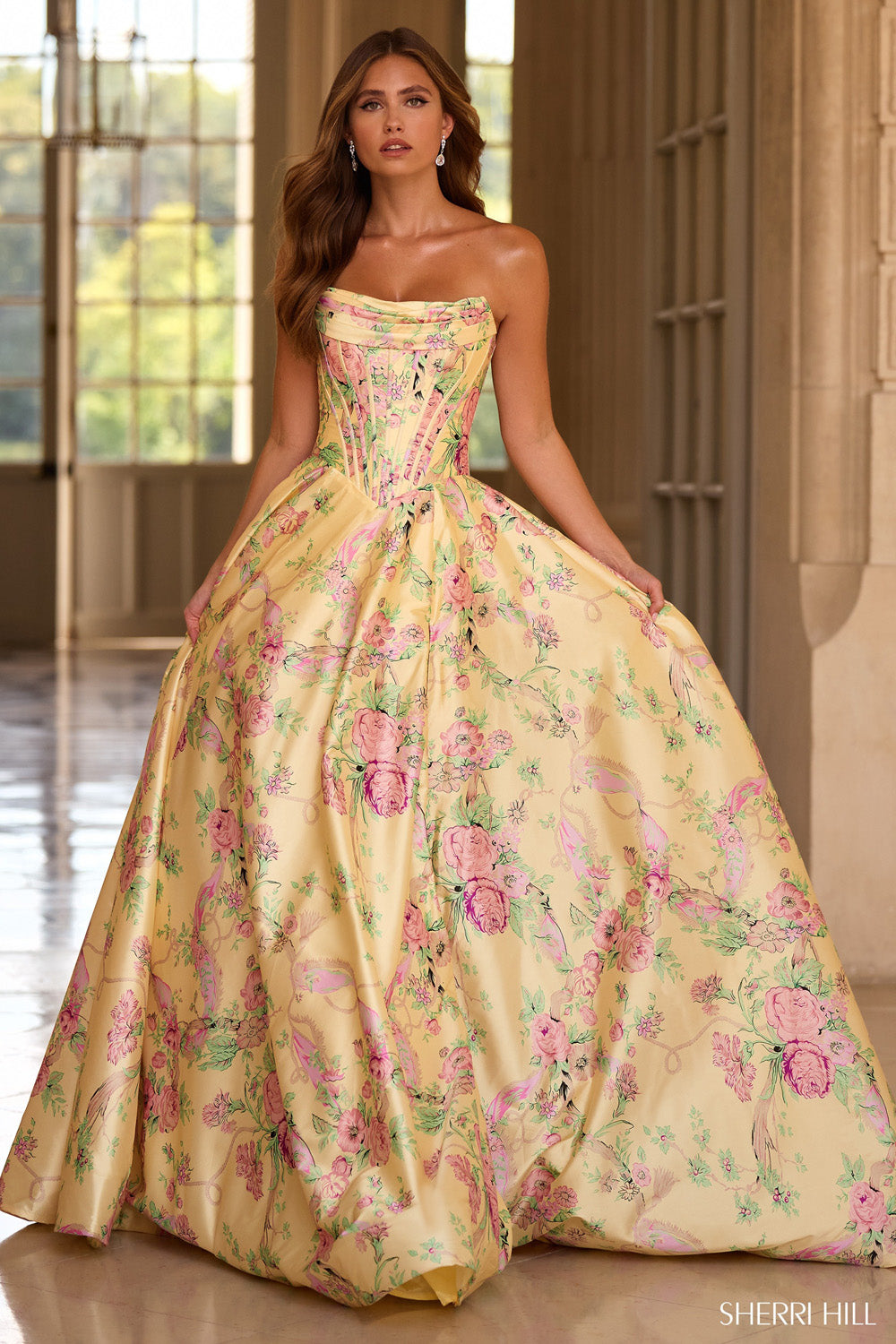 Sherri Hill 57797 prom dress images. Sherri Hill 57797 is available in these colors: Light Pink Print, Light Yellow Print, Aqua Print, Periwinkle Print, Ivory Print .