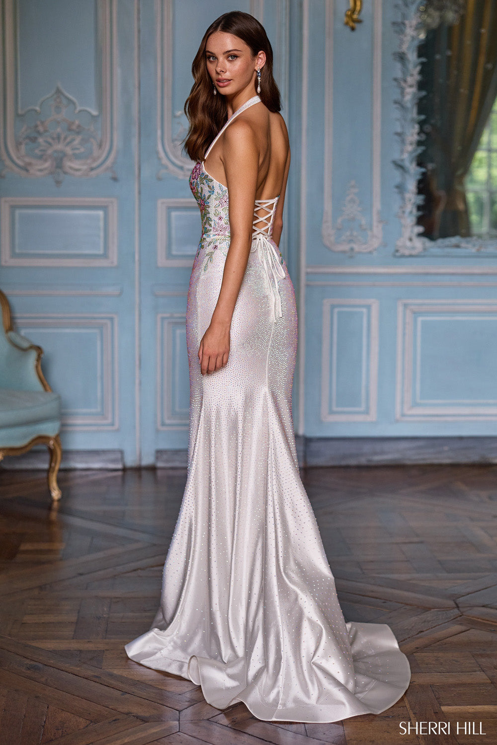 Sherri Hill 57843 prom dress images. Sherri Hill 57843 is available in these colors: Ivory Multi, Light Blue Multi, Lilac Multi, Light Yellow Multi, Light Pink Multi.