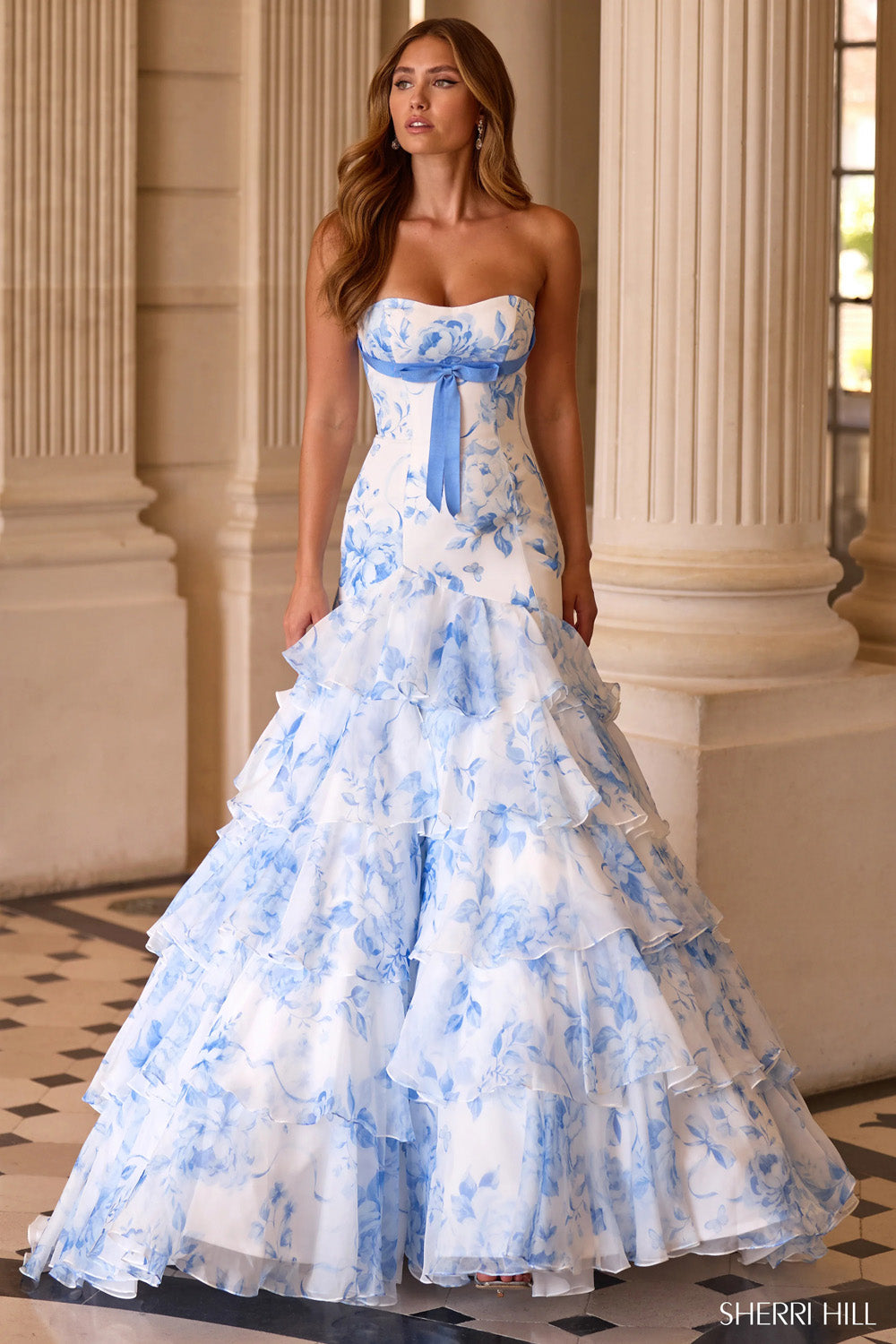 Sherri Hill 57853 prom dress images. Sherri Hill 57853 is available in these colors: Pink Multi Print, Periwinkle Print.