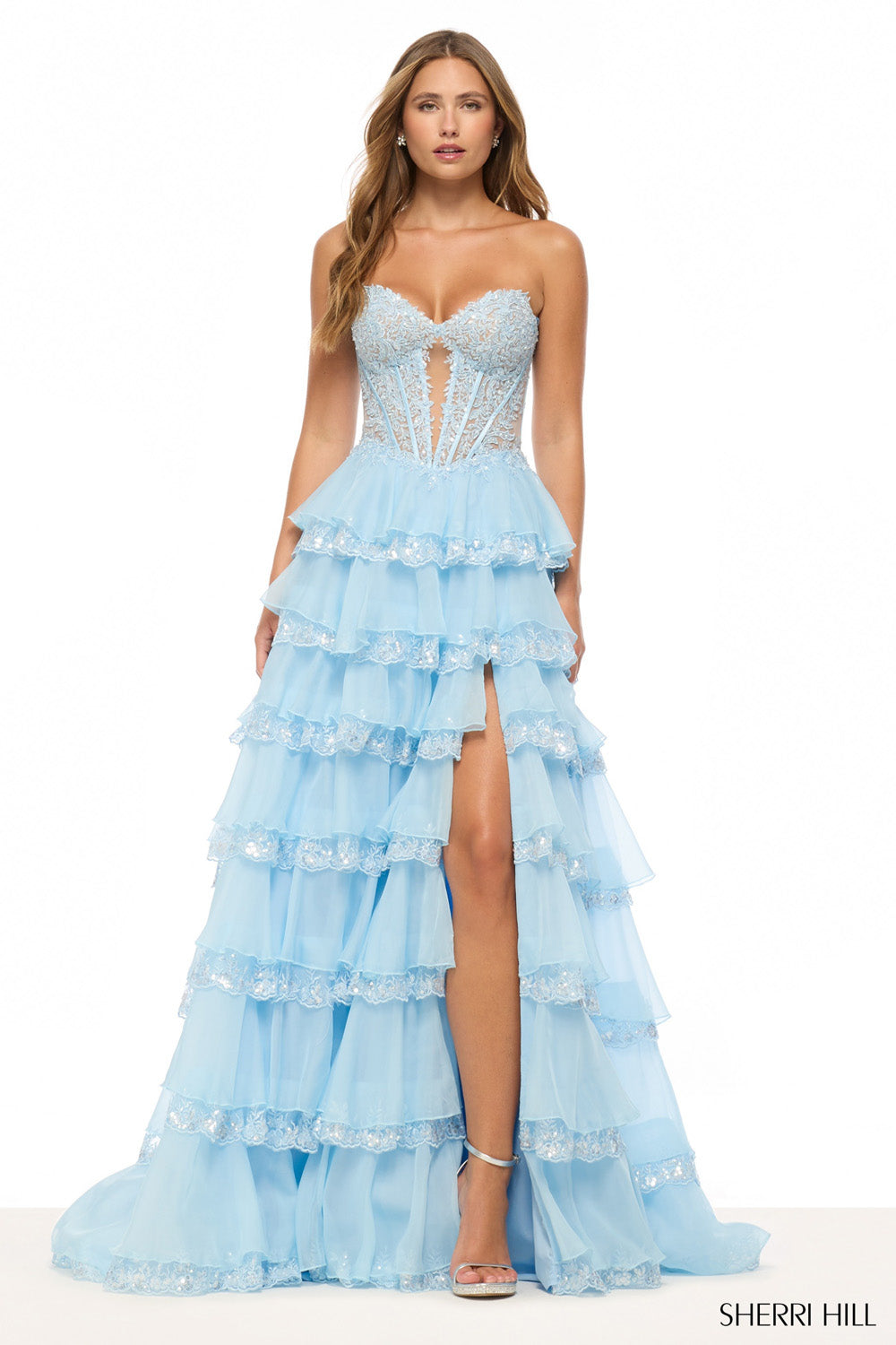 Sherri Hill 57885 prom dress images. Sherri Hill 57885 is available in these colors: Periwinkle, Navy, Black, Ivory, Yellow, Lilac, Light Blue, Blush.