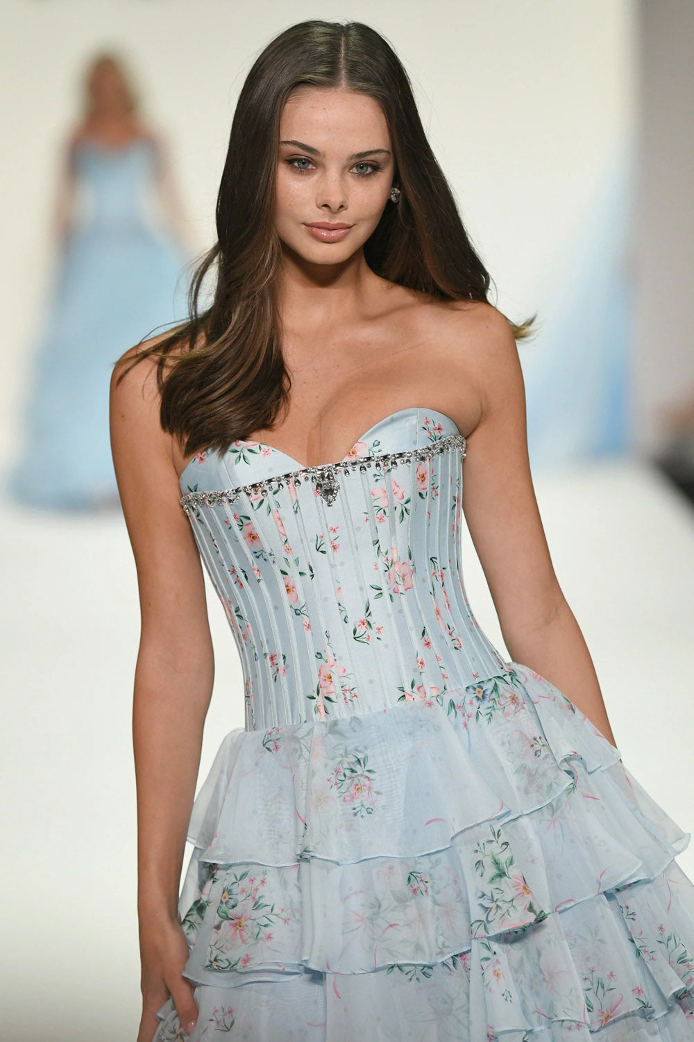 Sherri Hill 57913 prom dress images. Sherri Hill 57913 is available in these colors: Light Pink Print Silver, Light Blue Print Silver, Light Yellow Print Silver