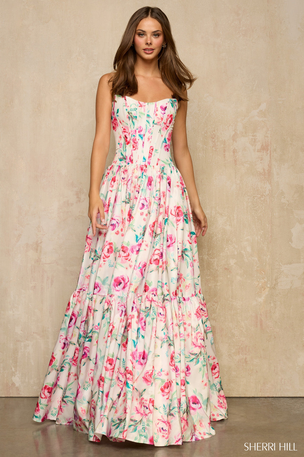 Sherri Hill 57948 prom dress images. Sherri Hill 57948 is available in these colors: Ivory Multi Print.