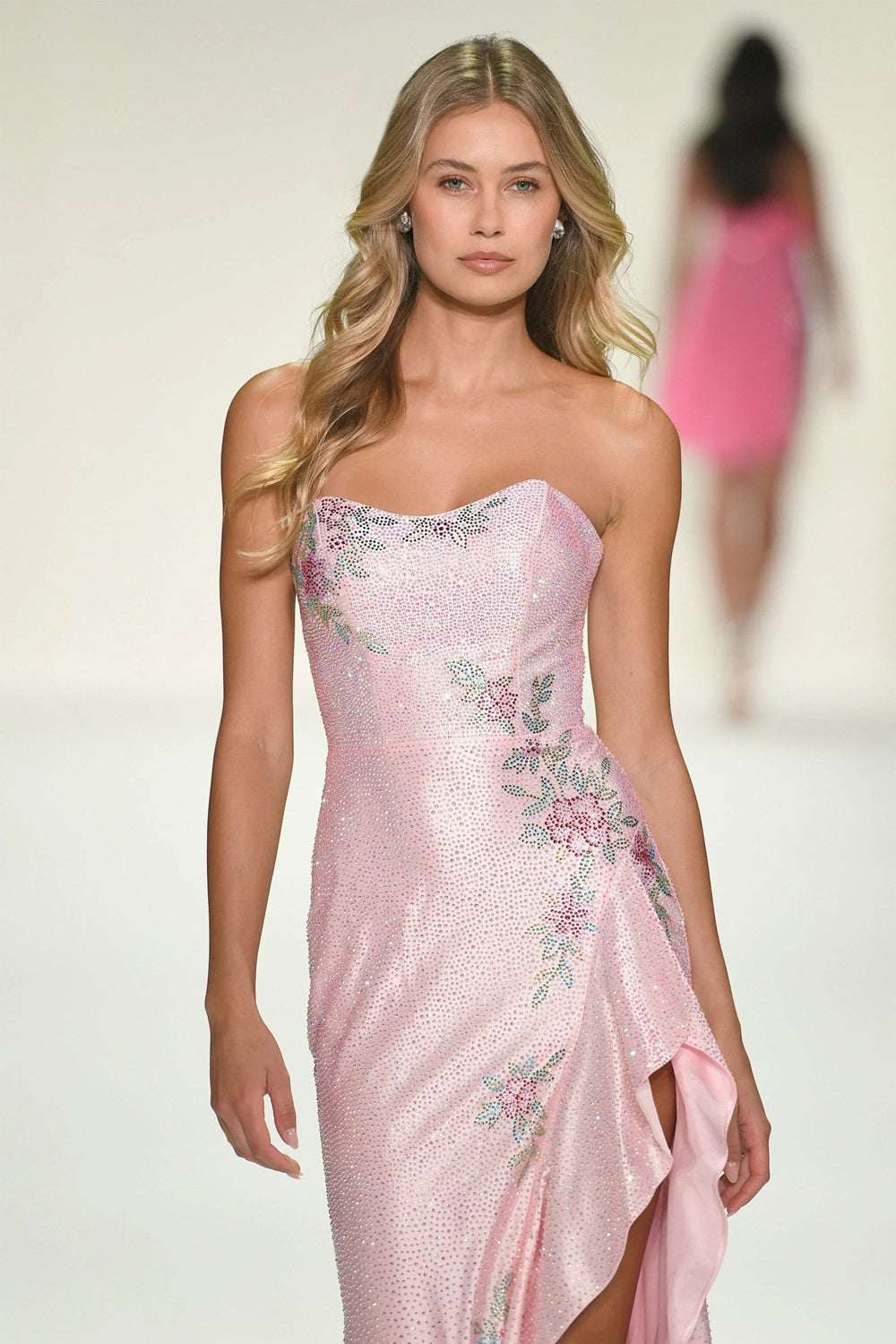 Sherri Hill 57984 pink crystal embellished strapless prom dress with floral appliqué and cascading ruffle skirt