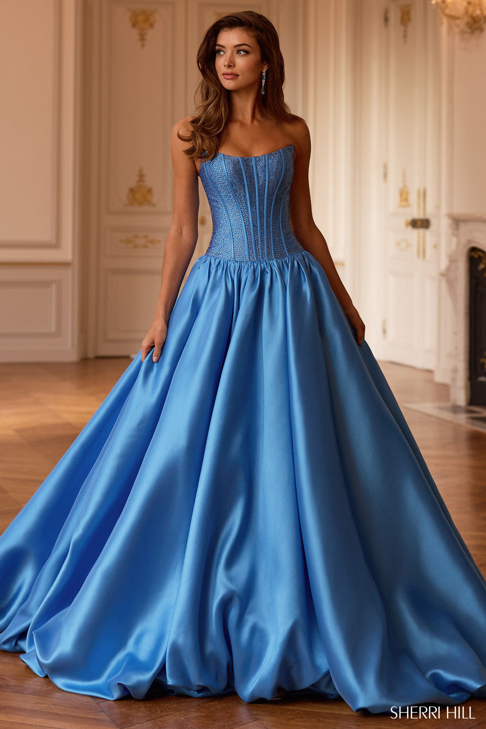 Sherri Hill 58091 blue strapless sweetheart ballgown with beaded corset bodice and full satin skirt, front view