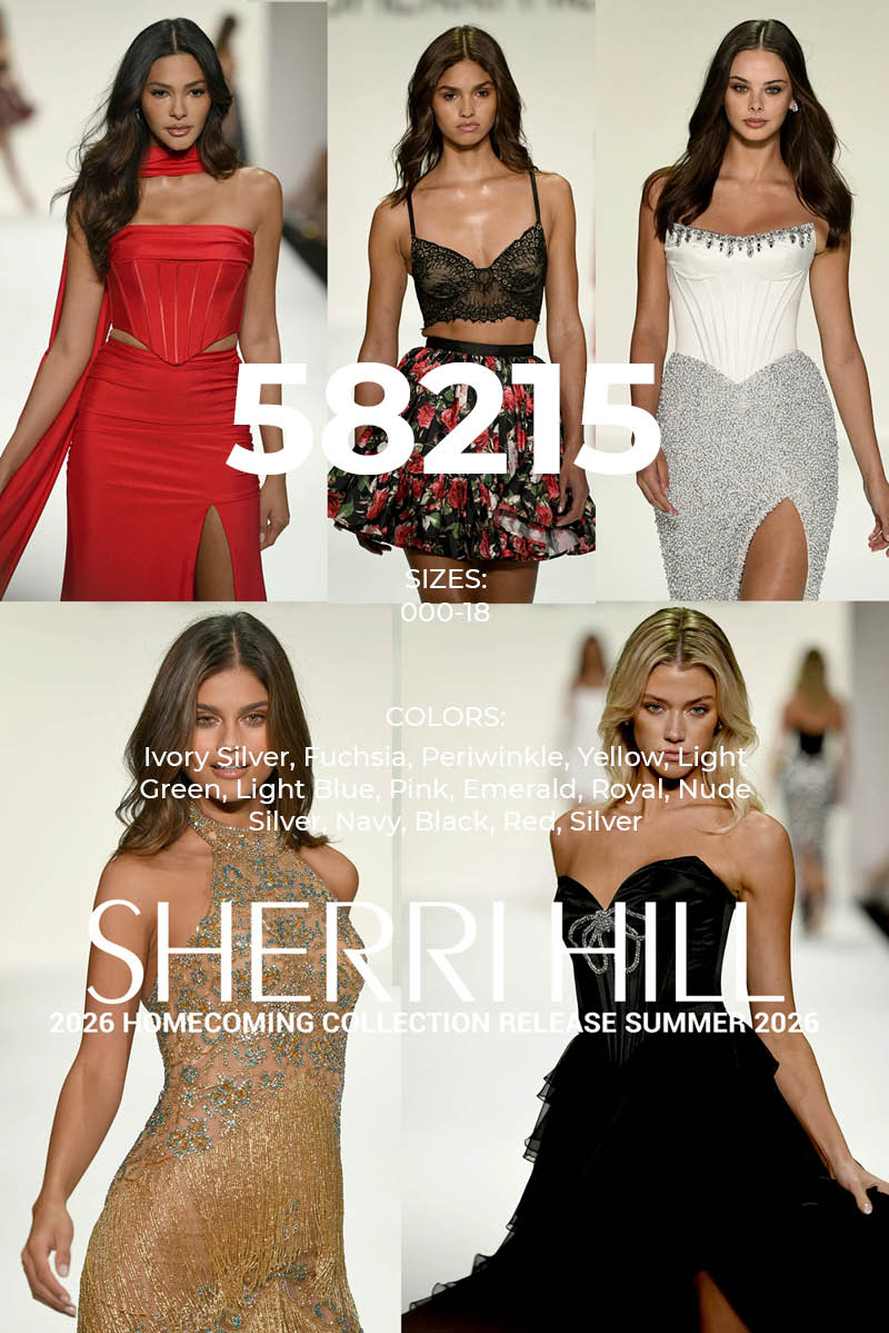 Sherri Hill 58215 style preview showing Periwinkle and Royal color options from Fall 2026 collection