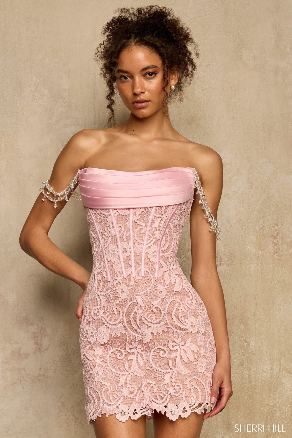 Sherri Hill 58395 pink nude lace corset mini dress with crystal shoulder straps, front view, strapless neckline with satin band