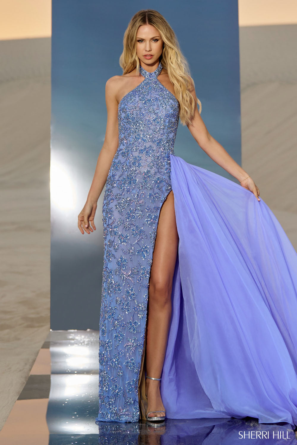 Sherri Hill 67005 prom dress images. Sherri Hill 67005 is available in these colors: Periwinkle Nude, Dreamsicle Nude.