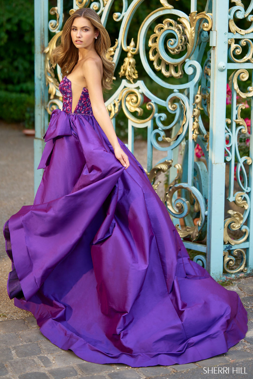 Sherri Hill 67020 prom dress images. Sherri Hill 67020 is available in these colors: Emerald Multi, Purple Fuchsia.
